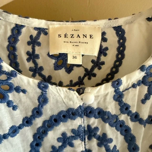 Sezane Chic Blue Patterned Ruffle Blouse Women